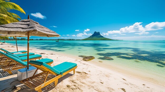 Generatives KI-Panorama des Strandes auf Mauritius mit Stühlen und Sonnenschirmen