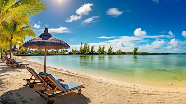 Foto generatives ki-panorama des strandes auf mauritius mit stühlen und sonnenschirmen