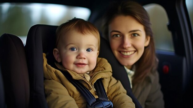 Generatives KI-Porträt einer Mutter und ihres Kindes, die in einem Auto fahren