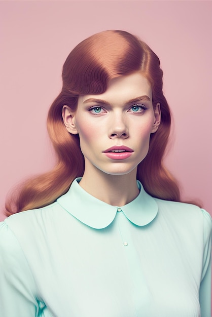 Generatives KI-Porträt einer schönen jungen rothaarigen Frau mit blauen Augen, die gelassen und selbstbewusst in die Kamera blickt