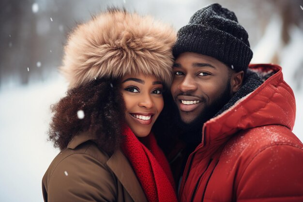 Foto generatives ki-porträt eines fröhlichen, schönen, süßen paares, das sich im winter an einem schneebedeckten tag im freien kuschelt und romantische gefühle genießt