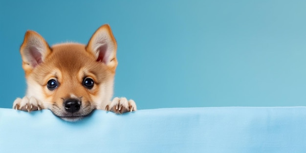 Generatives KI-Porträt, lustiger und fröhlicher Shiba-Inu-Welpe, der hinter einem blauen Banner hervorlugt