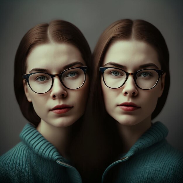 Generatives KI-Porträt zweier Zwillingsschwestern, die vor der Kamera posieren