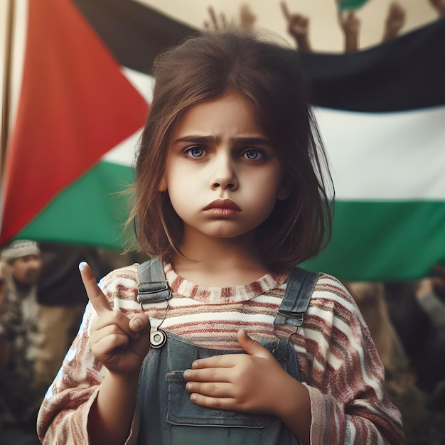 Generatives KI-Porträtfoto eines Mädchens mit palästinensischer Flagge im Hintergrund