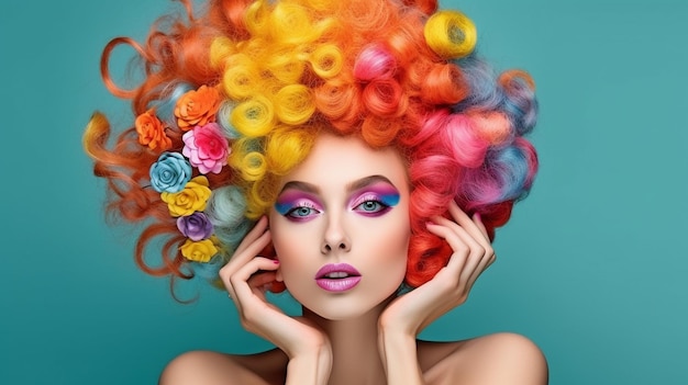 Generatives KI-Schönheitsmodell mit lebendigem Make-up, Haarnägeln und Zubehör