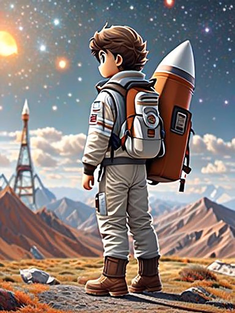 Generativo ai adorável menino astronauta no espaço exterior de pé em um planeta brilhante coloridos asteróides e