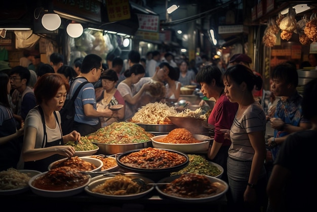 Generativo ai animado mercado asiático de comida callejera por la noche