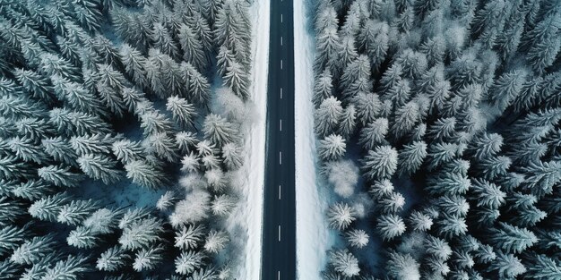 Generativo AI Bosque de abeto de invierno brumoso hermoso paisaje con carretera en estilo retro vintage árboles de hoja perenne con espectáculo