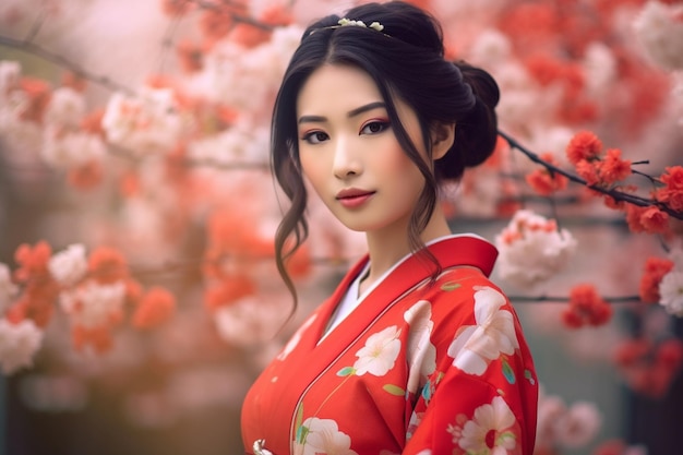 Generativo ai Chica asiática kimono tradicional y jardín de cerezos.