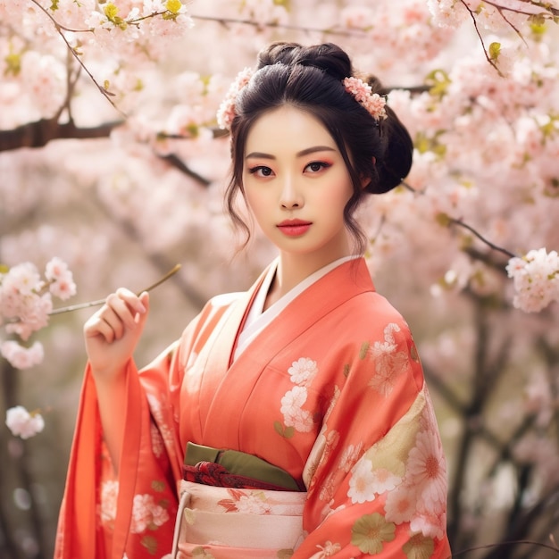 Generativo ai Chica asiática kimono tradicional y jardín de cerezos.