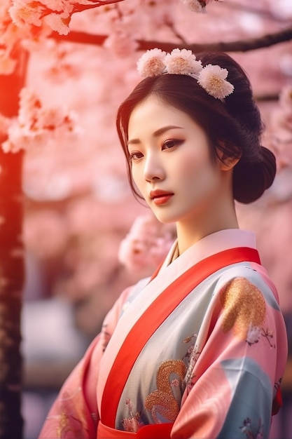 Generativo ai Chica asiática kimono tradicional y jardín de cerezos.