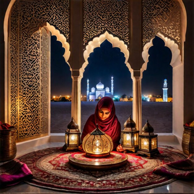 Generativo ai una chica con linterna islámica con mezquita en el fondo para al fitr adha eid y Ra