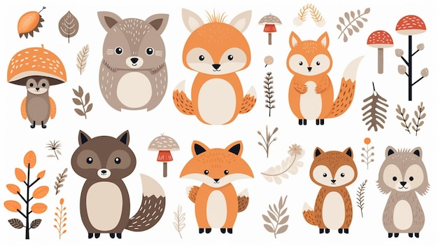Generativo AI Cute Woodland Animals Set e elementos florestais coloridos ilustração vetorial adorável