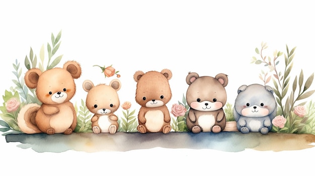 Generativo AI Cute Woodland Animals Set e elementos florestais coloridos ilustração vetorial adorável