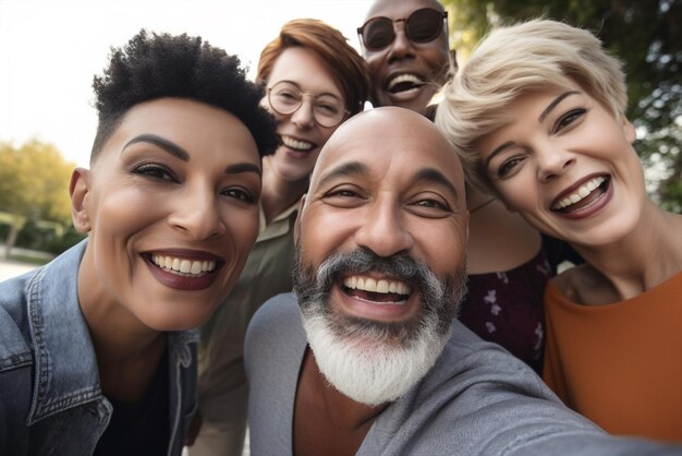 Foto generativo ai de meia-idade feliz grupo sorridente multiétnico tirando selfie