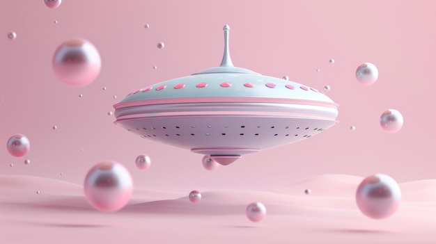 Generativo AI estilo 3D OVNI rosa em nave espacial paisagem de planeta alienígena