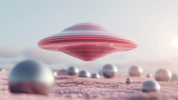 Generativo AI estilo 3D OVNI rosa em nave espacial paisagem de planeta alienígena