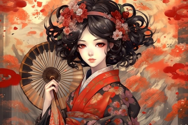 Generativo ai Geisha atractiva en kimono negro con flores