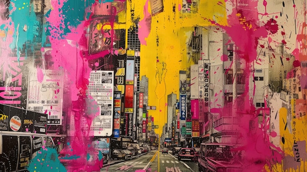 Generativo AI grunge póster de collage rosa y amarillo con estilo anime de paisaje urbano asiático