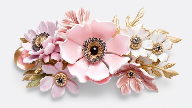 Generativo AI hermosas flores de color rosa claro broche piedra ópalo y paleta de colores dorados