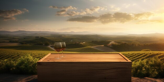 Foto generativo ai hermoso viñedo con barricas de madera paisaje verde filas de vides al atardecer