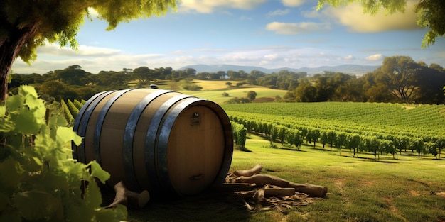 Generativo AI hermoso viñedo con barricas de madera paisaje verde filas de vides al atardecer