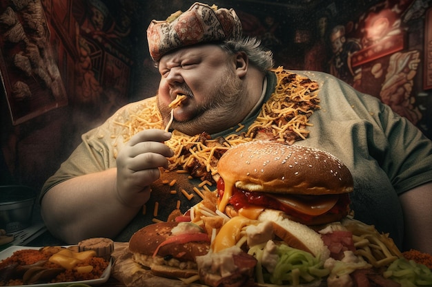 Generativo ai hombre obeso gordo espeluznante comiendo hamburguesa sentado sofá en casa