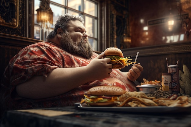 Generativo ai hombre obeso gordo espeluznante comiendo hamburguesa sentado sofá en casa