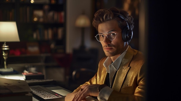 Generativo ai joven apuesto hombre elegante periodista o maestro sentado en el interior de la biblioteca de sudio