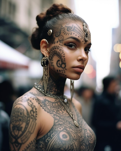 Generativo ai joven elegante mujer tatuada posando al aire libre en las calles de la ciudad