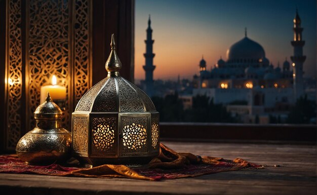 Foto generativo ai una linterna islámica con mezquita en el fondo para al fitr adha eid y ramadán