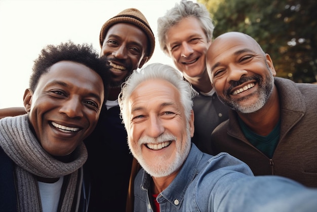 Generativo ai mediana edad feliz sonriente grupo multiétnico tomando selfie