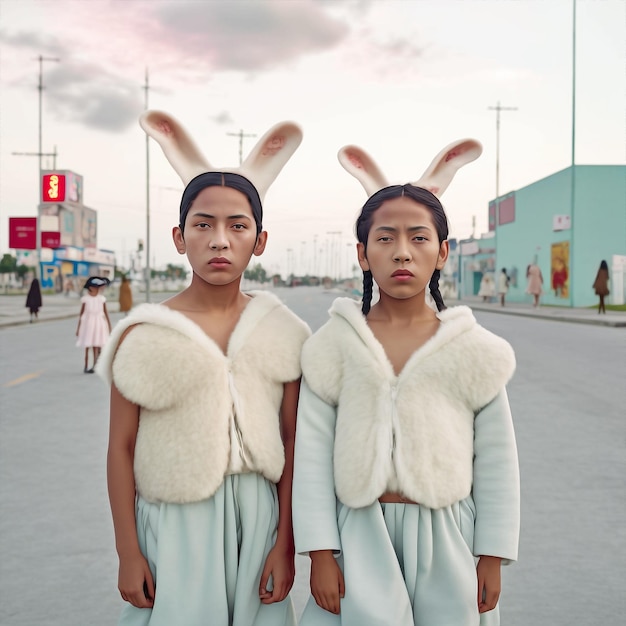Generativo ai moda jóvenes gemelos mujeres multiétnicas hermanas modelo posando