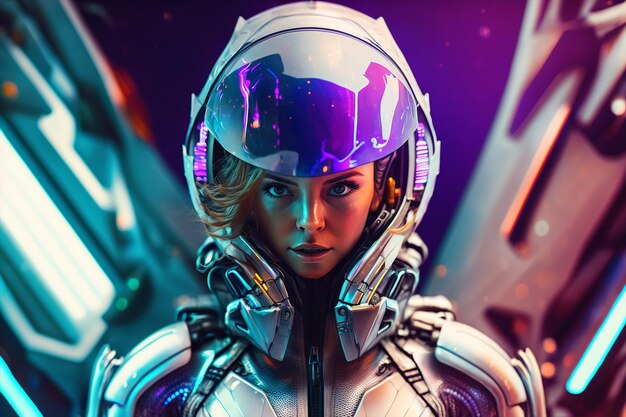 Generativo ai neón ilustración futurista ciber astronauta mujer