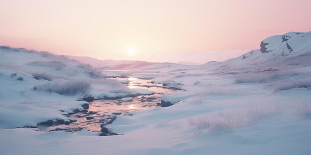 Generativo AI Paisaje estético de invierno panorama de colores neutros apagados bosque y montañas