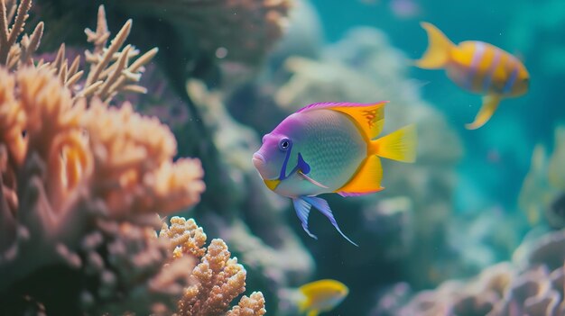 Generativo AI Peixes subaquáticos do mar tropical em recifes de corais Aquário oceanário vida selvagem colorida