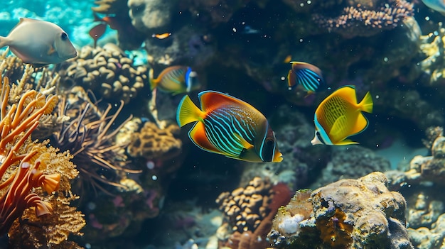 Generativo AI Peixes subaquáticos do mar tropical em recifes de corais Aquário oceanário vida selvagem colorida