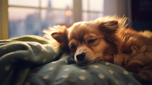 Generativo AI perro lindo durmiendo en una cubierta cálida acogedora cerca de la ventana estilo hygge