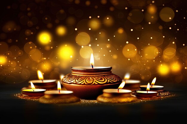 Generativo AI Puthandu Diwali fundo hindus com ornamento de ouro e cor de fundo bokeh para cartaz de celebração do Ano Novo Tamil