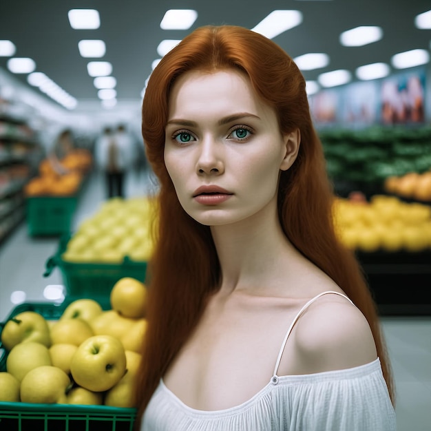 Generativo ai retrato surreal futurista linda jovem ruiva dentro de casa supermercado