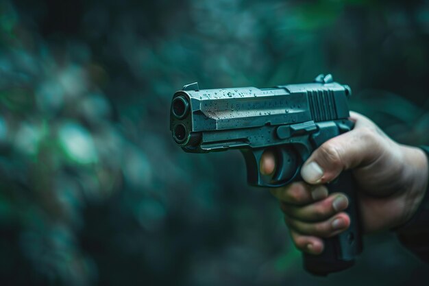 Foto generativo ai sobre o tema de um homem visa através da visão de pistola de metal de combate para atingir o alvo