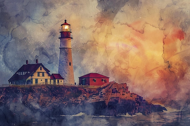 Generativo ai sobre el tema de un gran faro retro con un haz de luz brillante que brilla hacia el mar azul