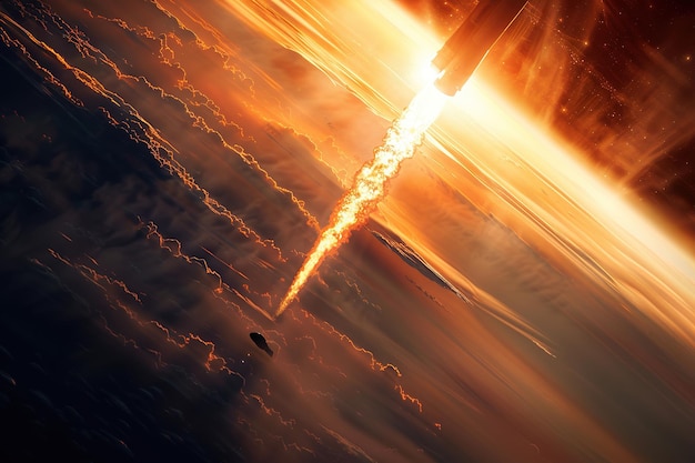 Foto generativo ai sobre el tema de un hermoso cohete espacial en el cielo meteoritos brillantes brillan en la atmósfera