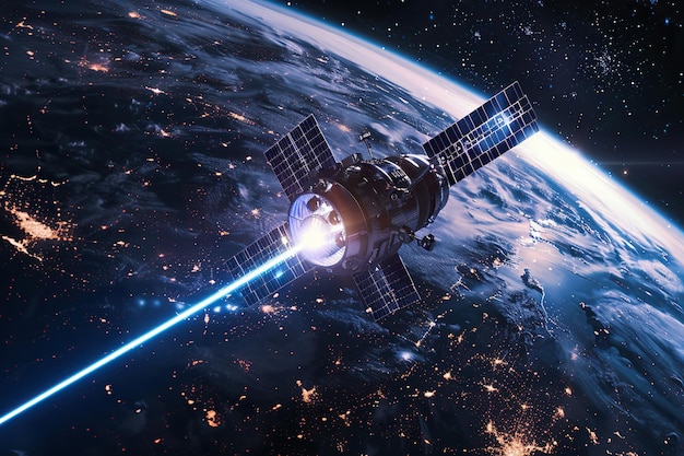 Foto generativo ai sobre el tema de un hermoso satélite en el cielo meteoritos brillantes brillan en la atmósfera