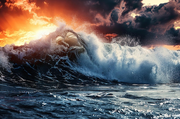 Foto generativo ai en el tema de un tsunami aterrador con una enorme ola espumosa fondo dramático apocalíptico