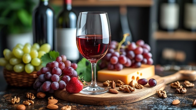 Generativo AI Vinho vermelho com frutas e nozes uva e queijo na bancada no espaço da cozinha para