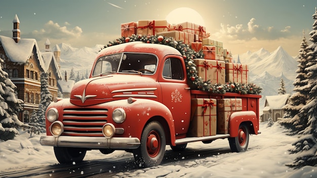 Generativo AI vintage coche de Navidad con muchos regalos colores azul y rojo tarjeta de felicitación de xmas