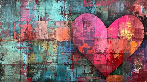 Generativo AI vintage grunge colorido e fundo de colagem rosa com corações Conceito de Dia dos Namorados Diferentes texturas e formasxA