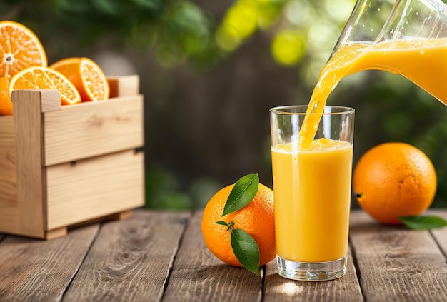 Generativo derramando suco de laranja em um copo sobre uma mesa de madeira no contexto de uma caixa com laranjas AI