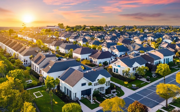 Genere una imagen que muestre un vecindario suburbano con paneles solares en los tejados resaltando